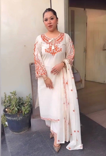 Off-White Straight Kurta with Plazzo & Dupatta Set for Women