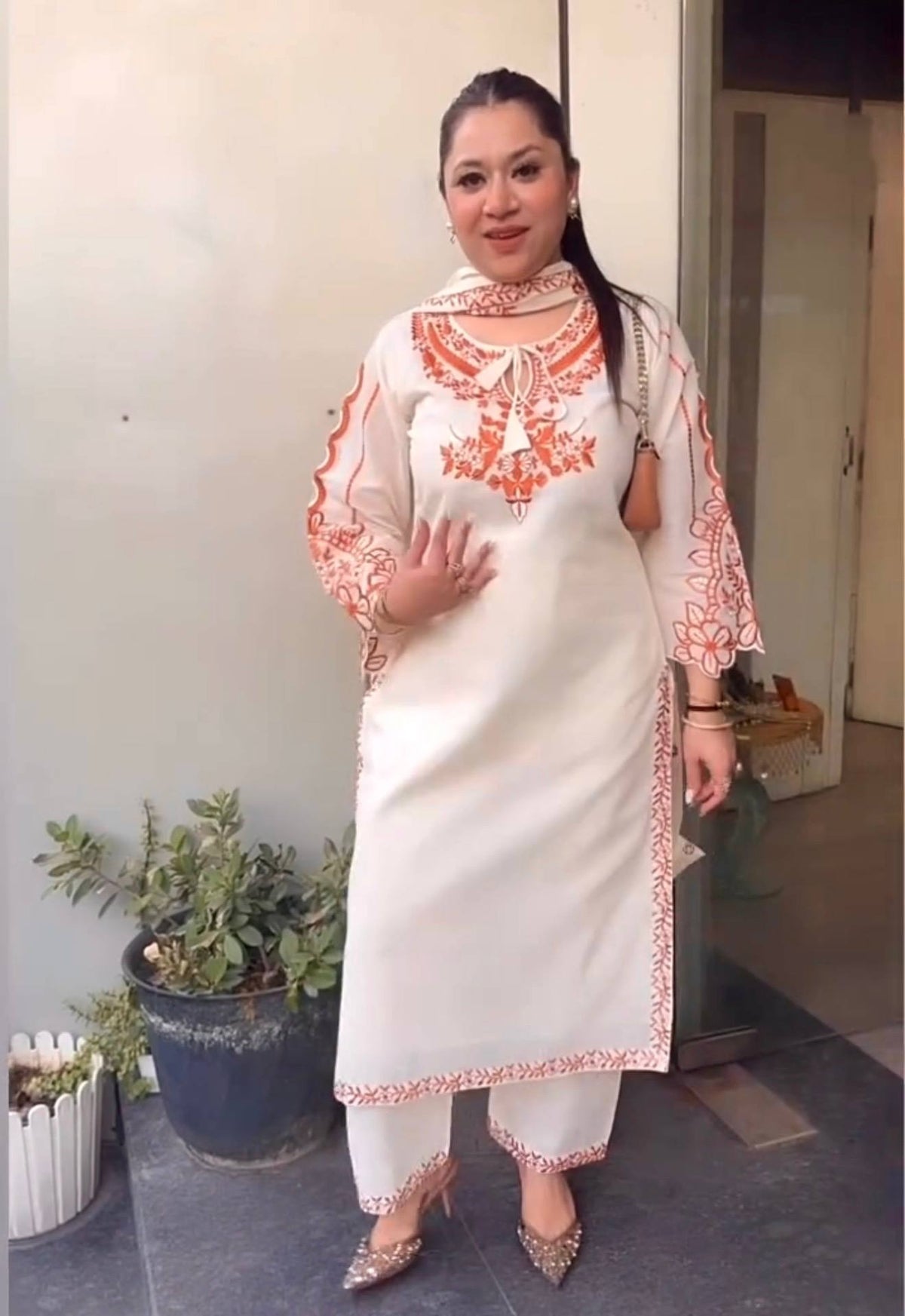 Off-White Straight Kurta with Plazzo & Dupatta Set for Women