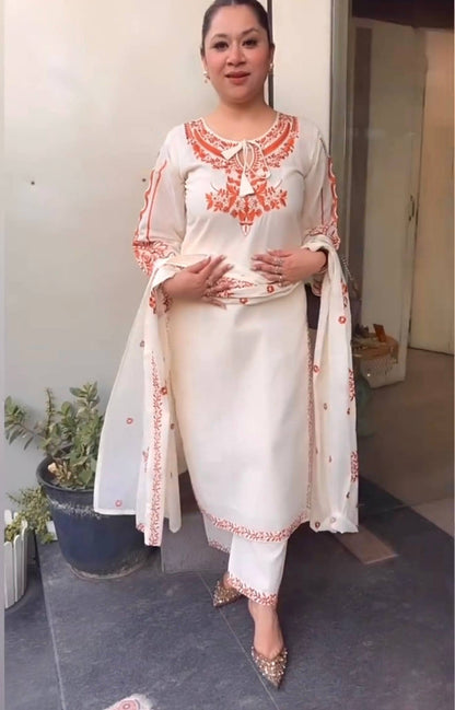 Off-White Straight Kurta with Plazzo & Dupatta Set for Women