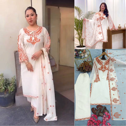 Off-White Straight Kurta with Plazzo & Dupatta Set for Women
