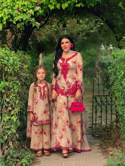 Women’s Beige Floral Printed Pakistani Suit Set
