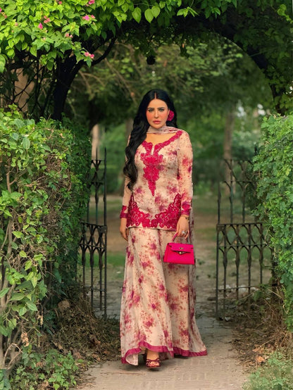 Women’s Beige Floral Printed Pakistani Suit Set