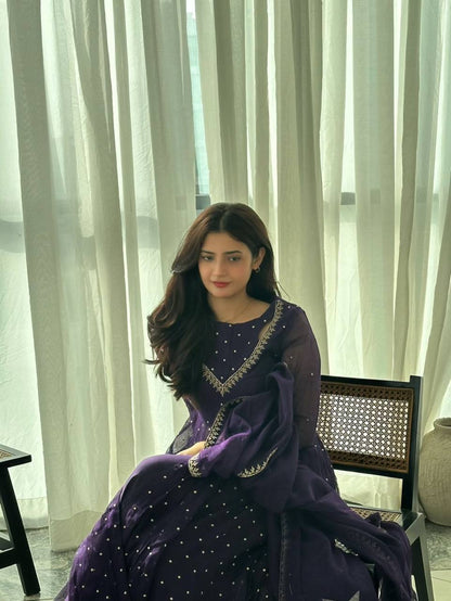 Designer Navy Blue Sequin Embroidered Anarkali Suit Set for Women