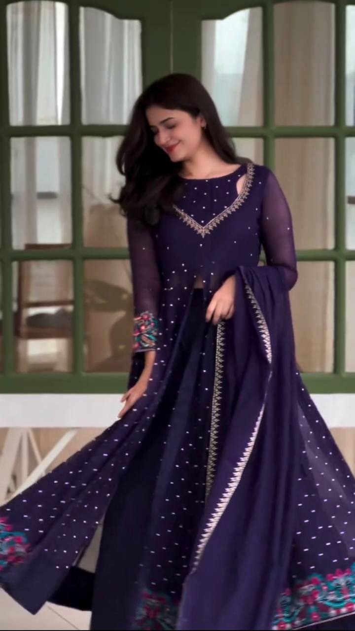 Designer Navy Blue Sequin Embroidered Anarkali Suit Set for Women