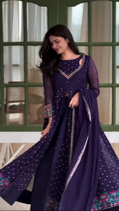 Designer Navy Blue Sequin Embroidered Anarkali Suit Set for Women