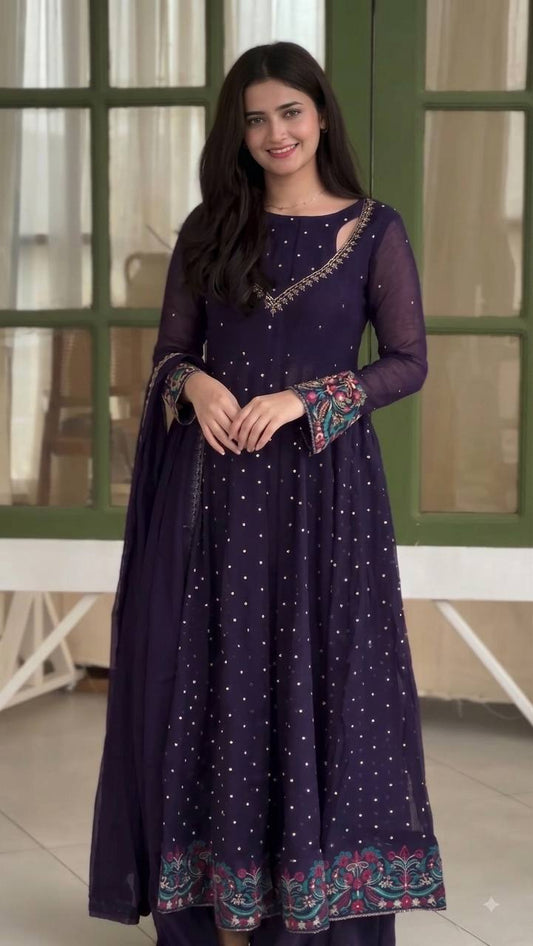 Designer Navy Blue Sequin Embroidered Anarkali Suit Set for Women