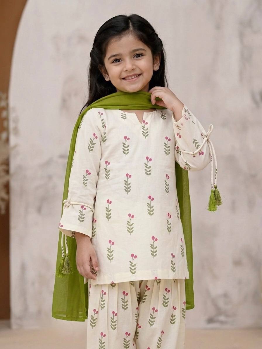 Girls’ Off-White Floral Printed Suit Set |