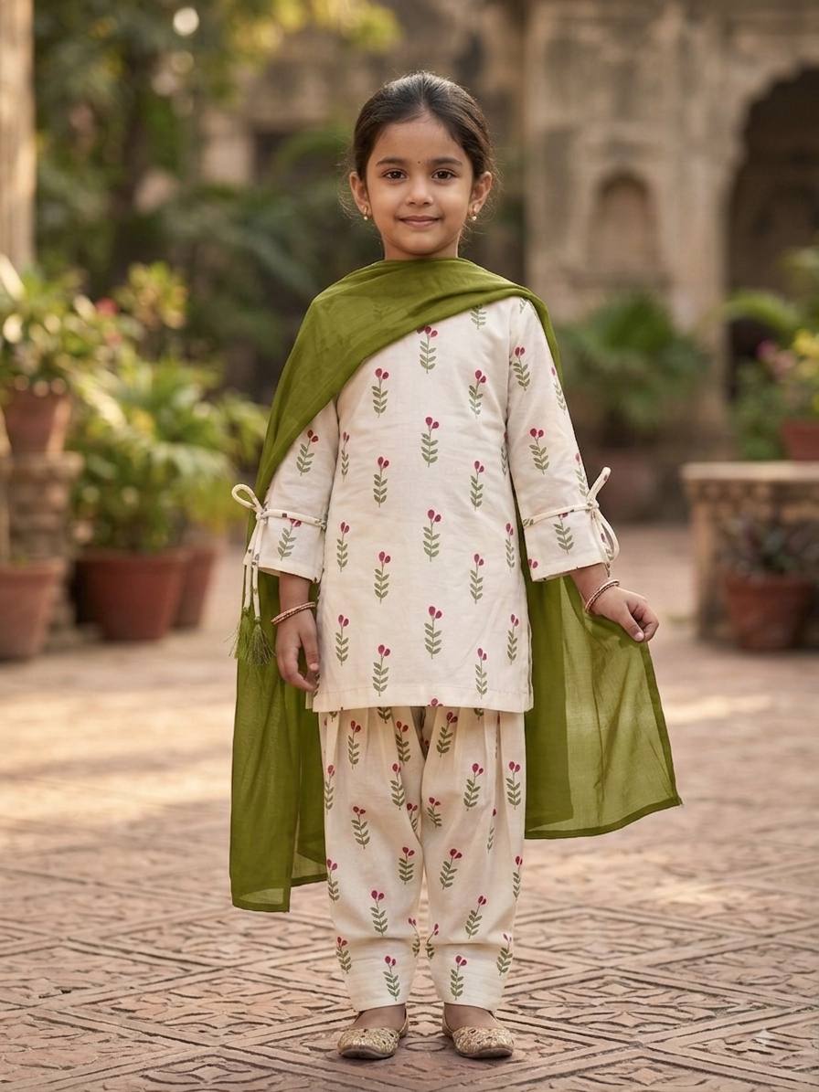 Girls’ Off-White Floral Printed Suit Set |