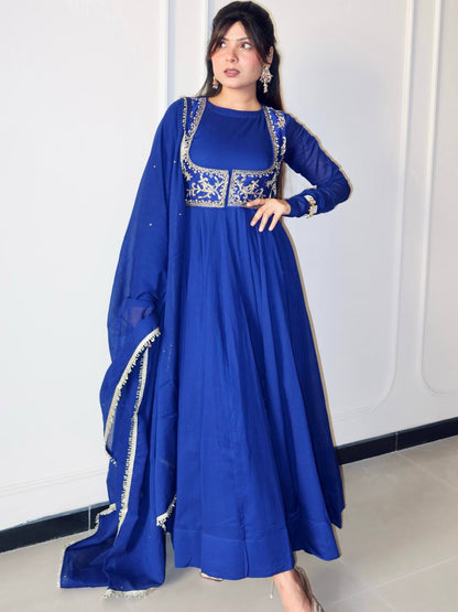 Royal Blue Embroidered Anarkali Suit Set with Matching Dupatta