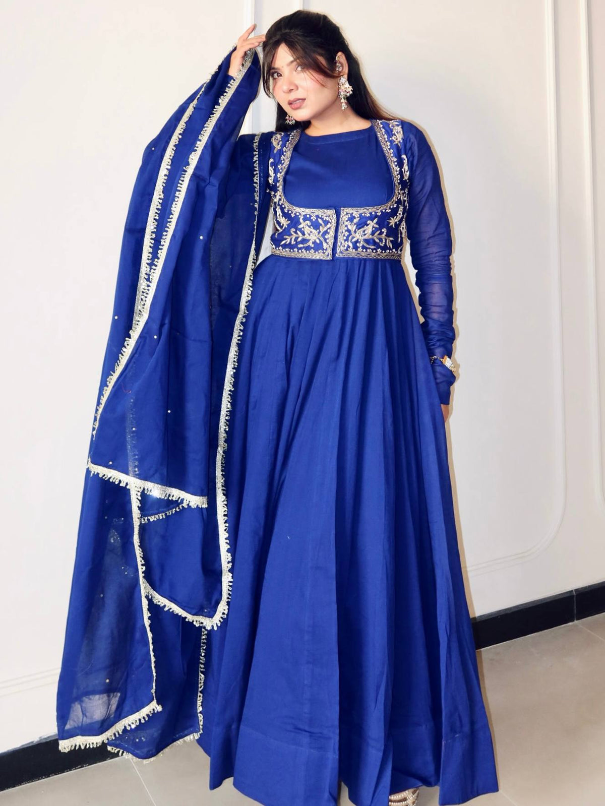 Royal Blue Embroidered Anarkali Suit Set with Matching Dupatta