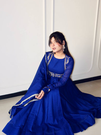 Royal Blue Embroidered Anarkali Suit Set with Matching Dupatta
