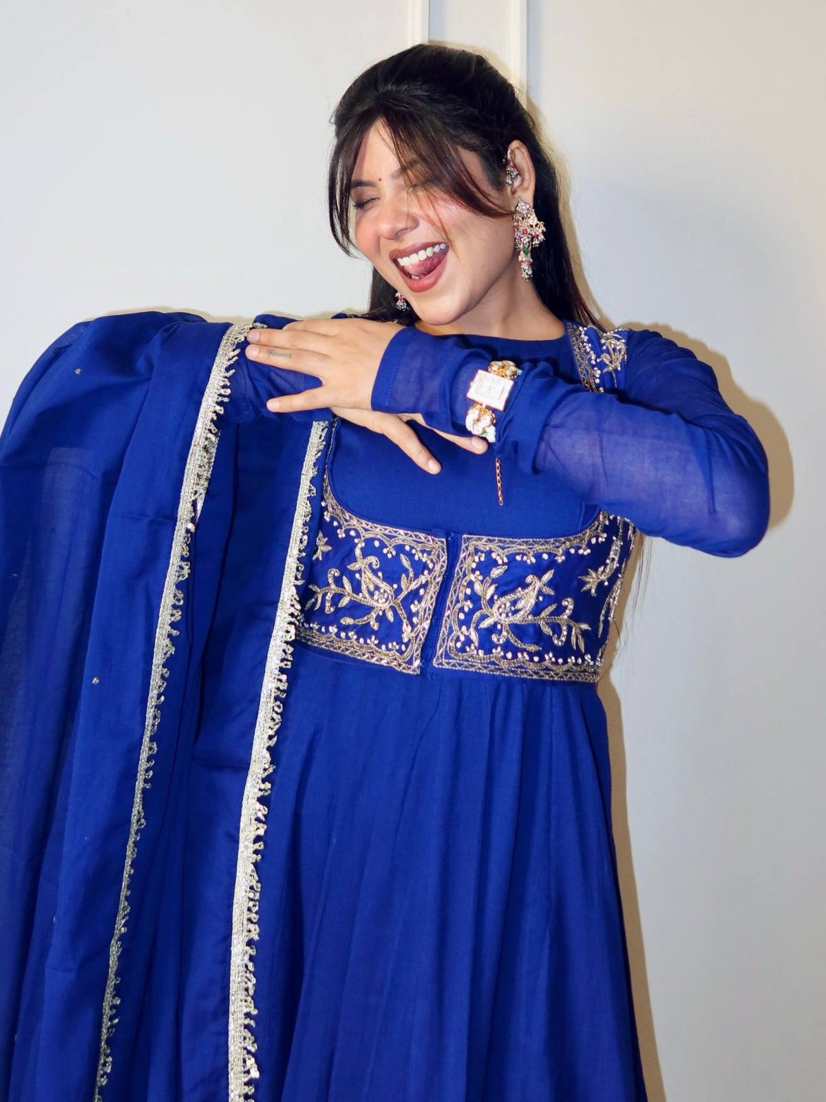 Royal Blue Embroidered Anarkali Suit Set with Matching Dupatta