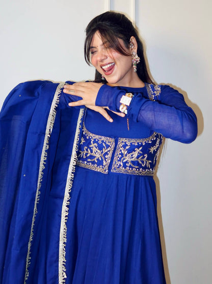 Royal Blue Embroidered Anarkali Suit Set with Matching Dupatta