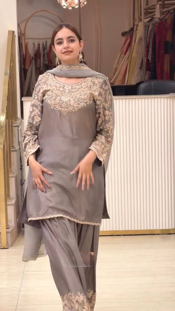 Grey Embroidered  Chinnon Silk Blend Straight Suit Set with Floral Work, Farshi Plazzo Bottom & Dupatta