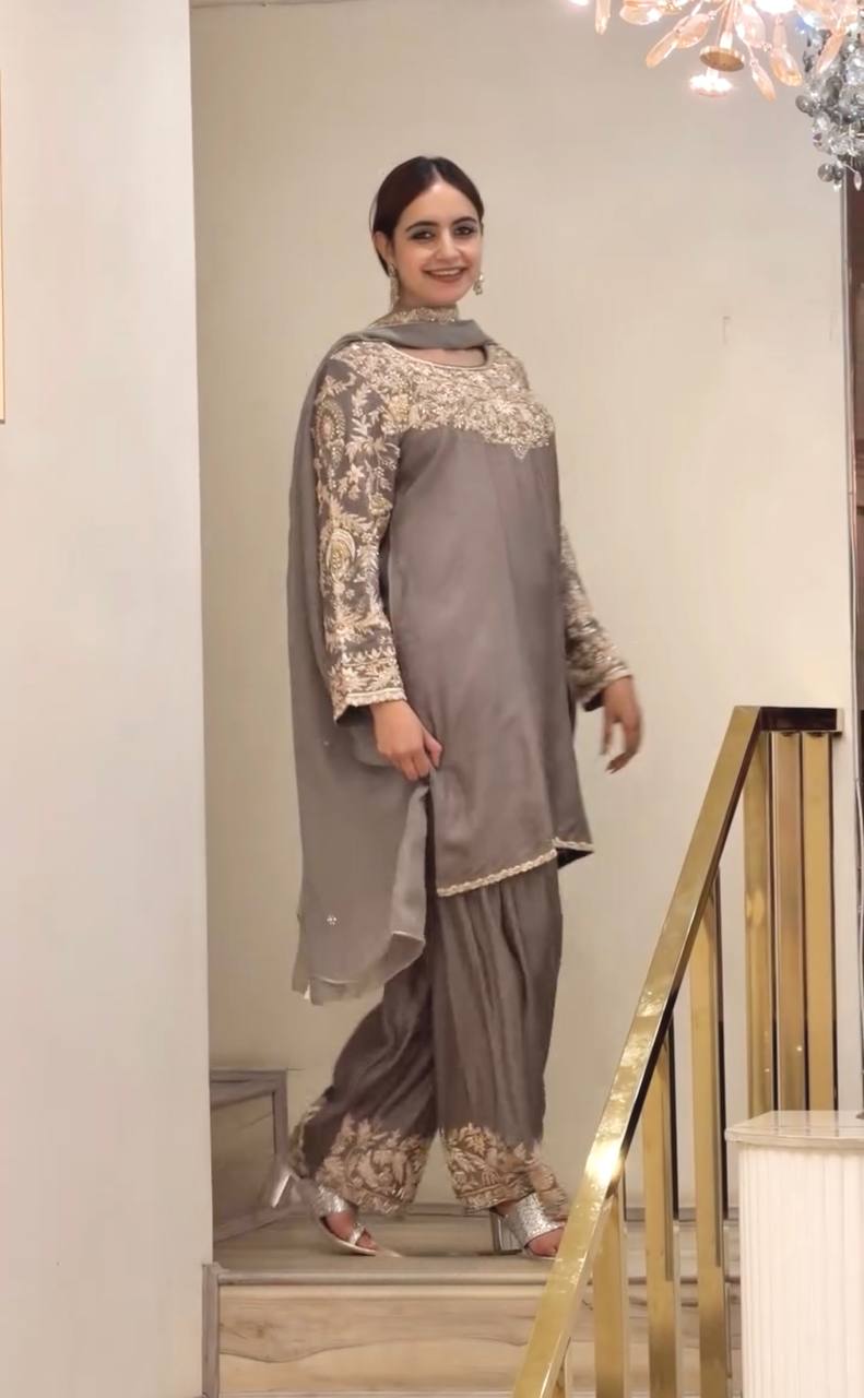 Grey Embroidered  Chinnon Silk Blend Straight Suit Set with Floral Work, Farshi Plazzo Bottom & Dupatta