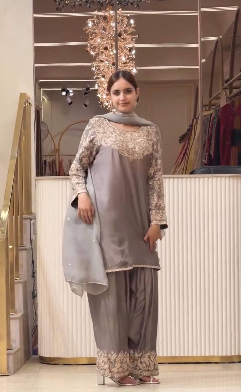 Grey Embroidered  Chinnon Silk Blend Straight Suit Set with Floral Work, Farshi Plazzo Bottom & Dupatta