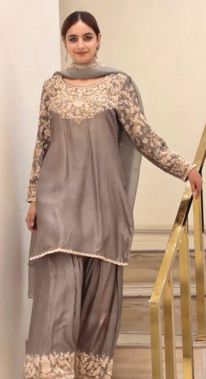 Grey Embroidered  Chinnon Silk Blend Straight Suit Set with Floral Work, Farshi Plazzo Bottom & Dupatta