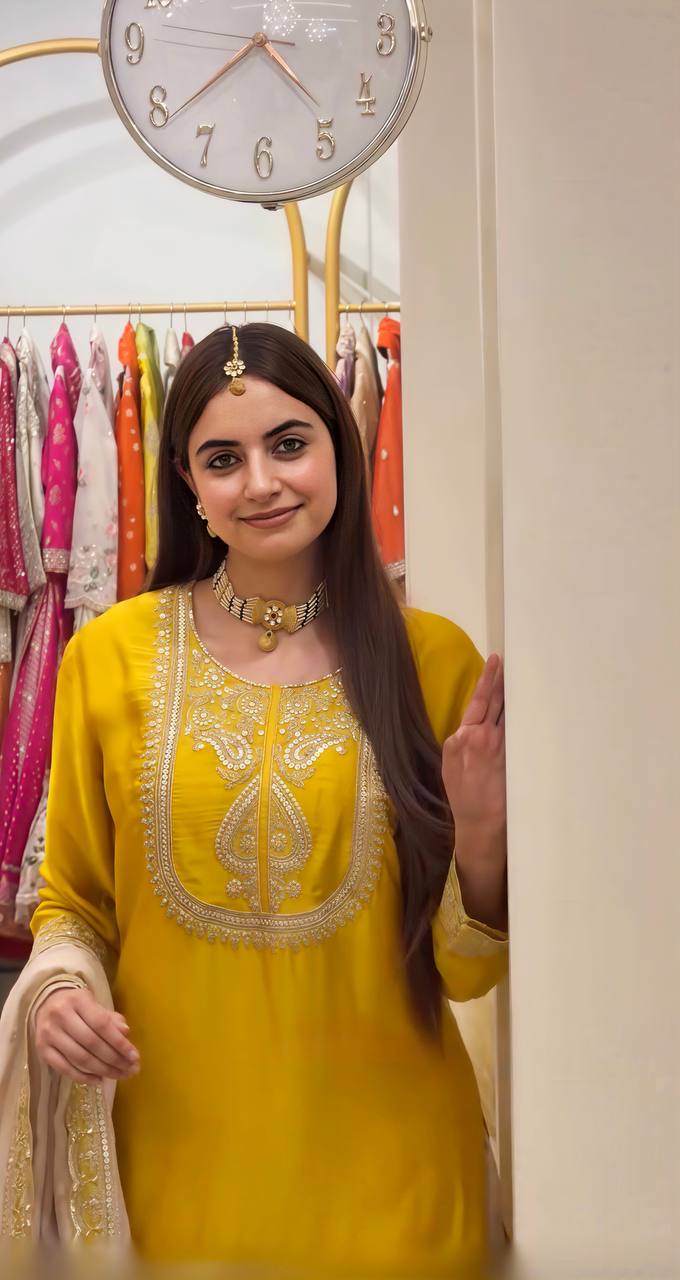 Women’s Mustard Yellow Embroidered Suit Set