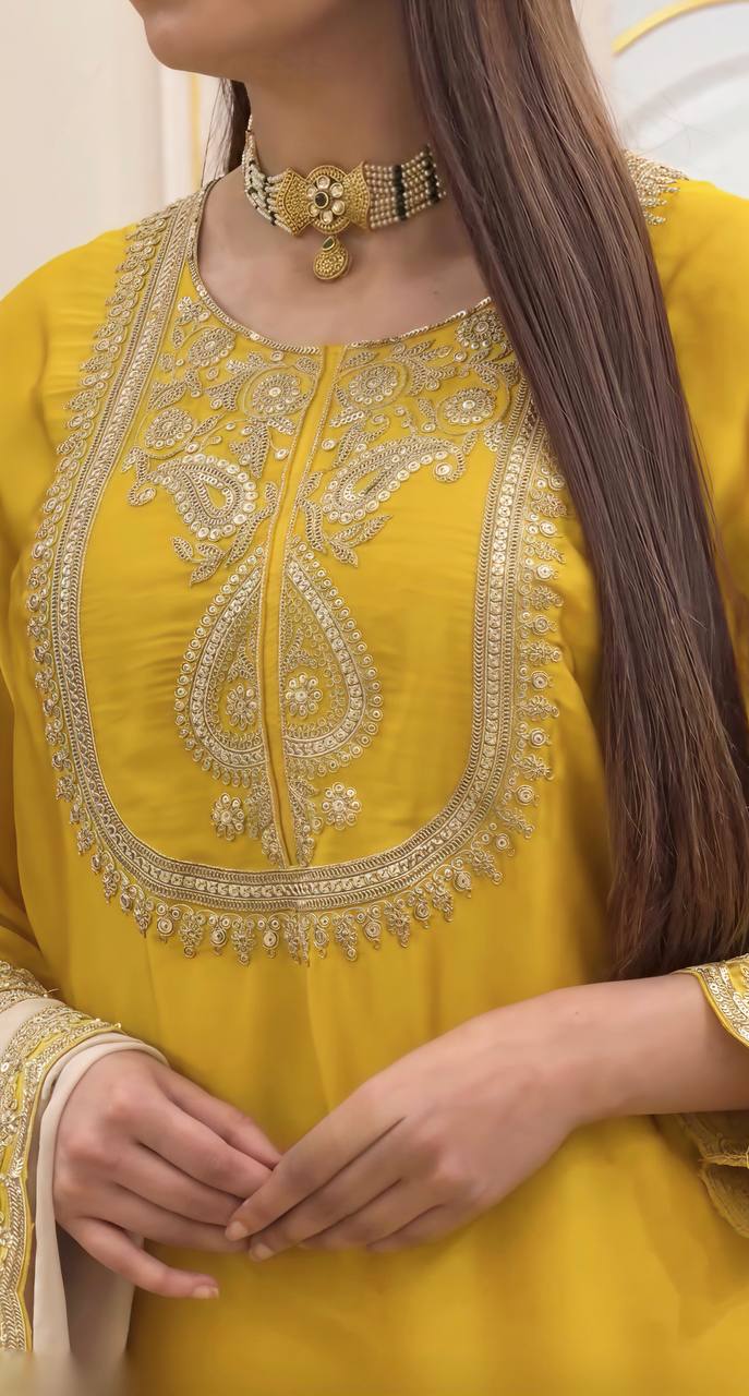 Women’s Mustard Yellow Embroidered Suit Set