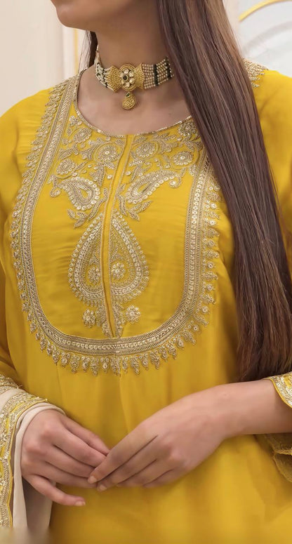 Women’s Mustard Yellow Embroidered Suit Set