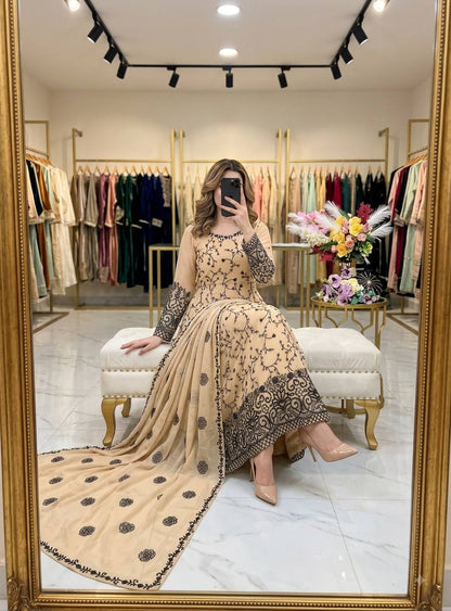 Beige Floral Embroidered Georgette Anarkali Suit with Matching Dupatta