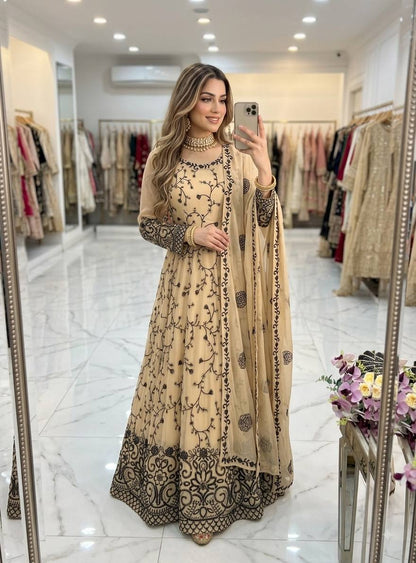Beige Floral Embroidered Georgette Anarkali Suit with Matching Dupatta