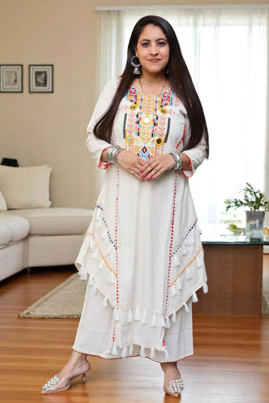White Multicolor Embroidered Cotton A-Line Kurta with Straight Pants