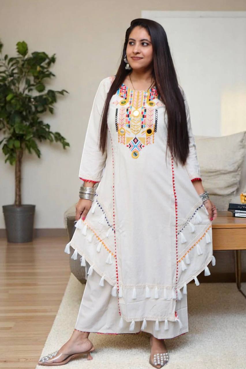 White Multicolor Embroidered Cotton A-Line Kurta with Straight Pants