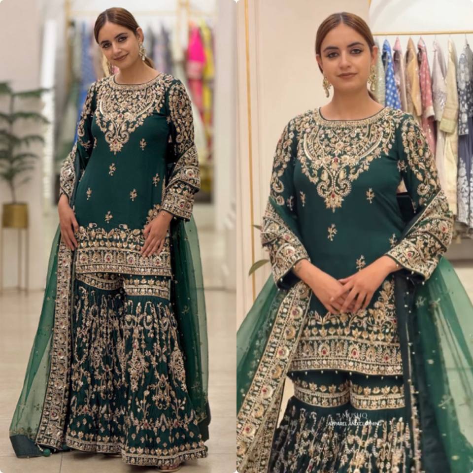 Bottle Green Heavy Embroidered Georgette Plazzo Suit with Dupatta