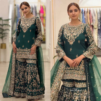 Bottle Green Heavy Embroidered Georgette Plazzo Suit with Dupatta