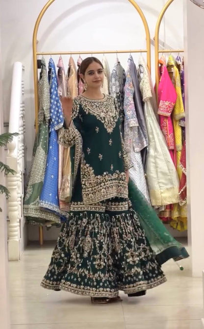 Bottle Green Heavy Embroidered Georgette Plazzo Suit with Dupatta