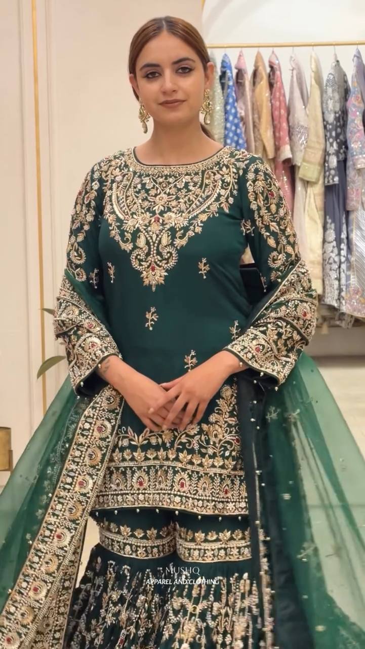 Bottle Green Heavy Embroidered Georgette Plazzo Suit with Dupatta