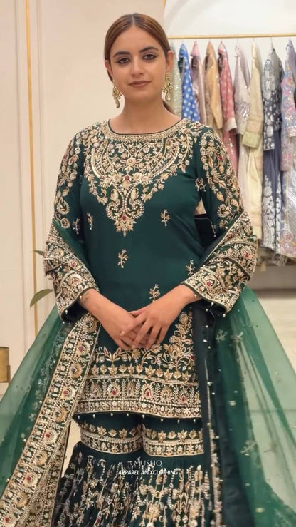 Bottle Green Heavy Embroidered Georgette Plazzo Suit with Dupatta