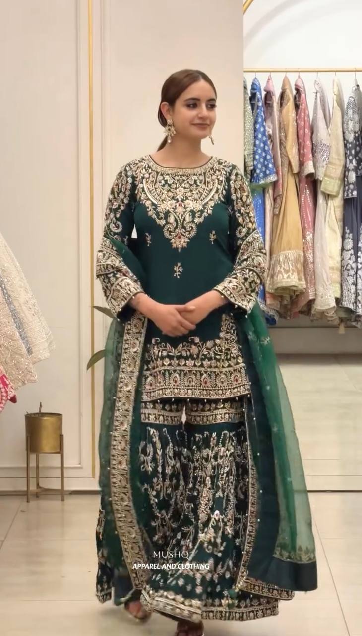 Bottle Green Heavy Embroidered Georgette Plazzo Suit with Dupatta