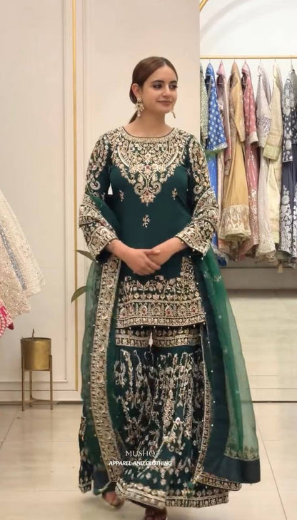 Bottle Green Heavy Embroidered Georgette Plazzo Suit with Dupatta