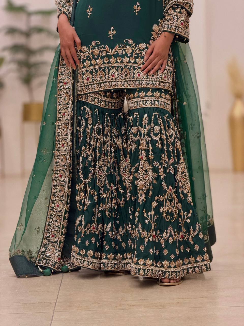 Bottle Green Heavy Embroidered Georgette Plazzo Suit with Dupatta
