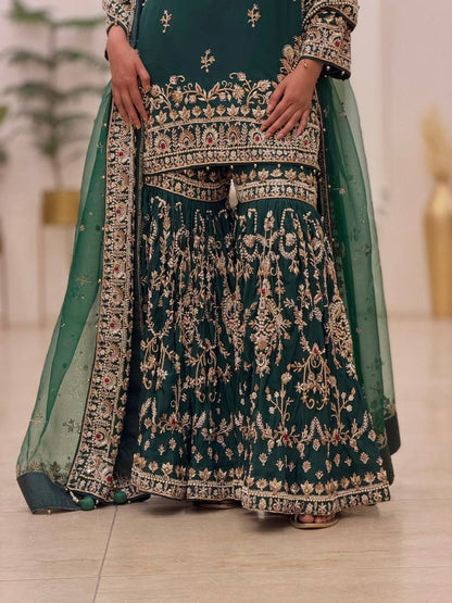 Bottle Green Heavy Embroidered Georgette Plazzo Suit with Dupatta