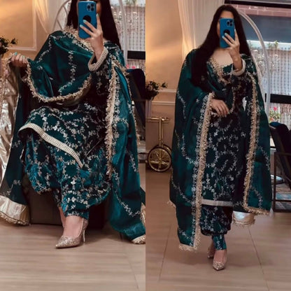 Bottle Green & Black Floral Embroidered Suit with Dupatta