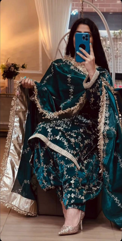Bottle Green & Black Floral Embroidered Suit with Dupatta