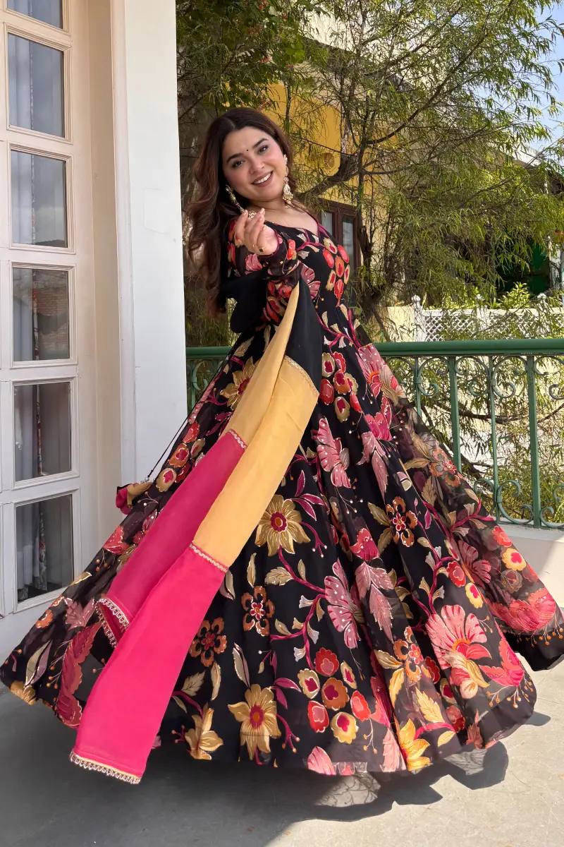Black Floral Printed Anarkali Suit with Dupatta