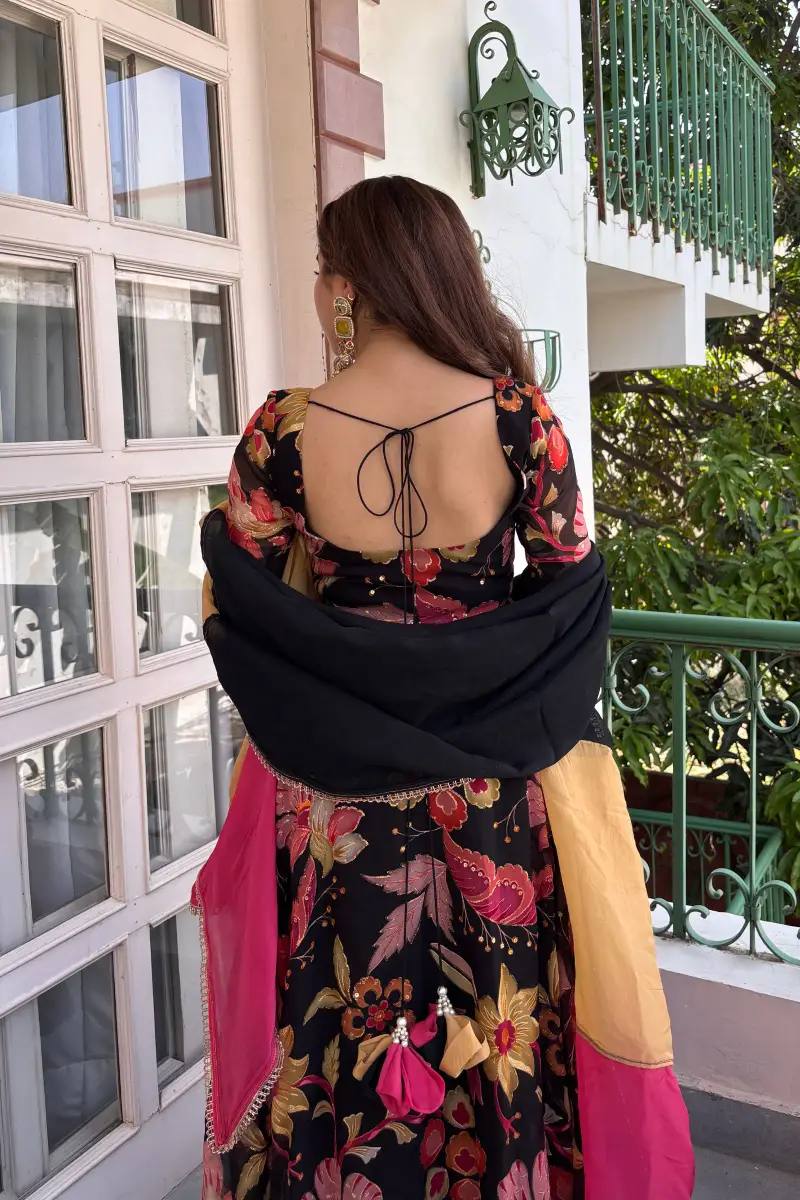 Black Floral Printed Anarkali Suit with Dupatta