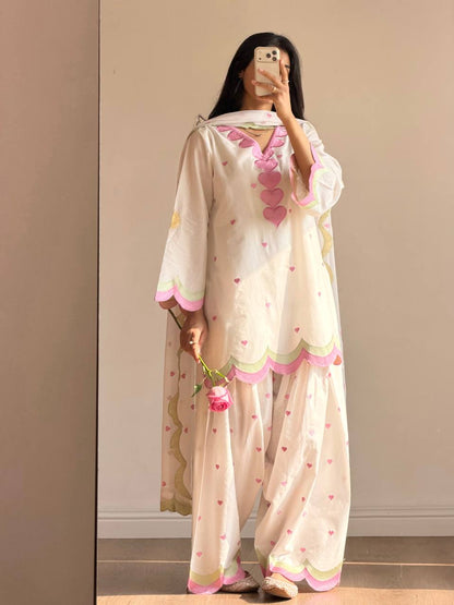 Ivory Pink Heart Embroidery thread Work Farshi Salwar Suit Set