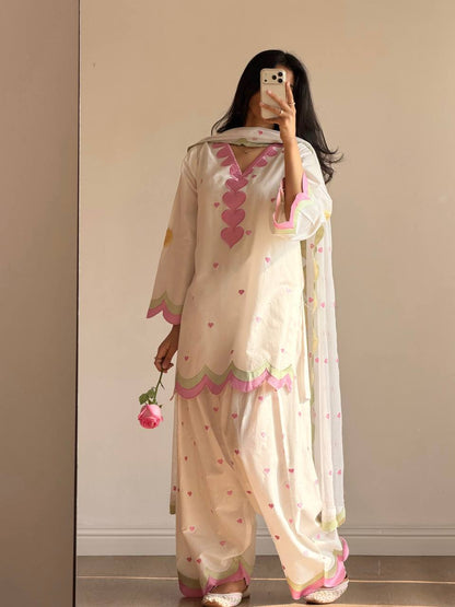 Ivory Pink Heart Embroidery thread Work Farshi Salwar Suit Set