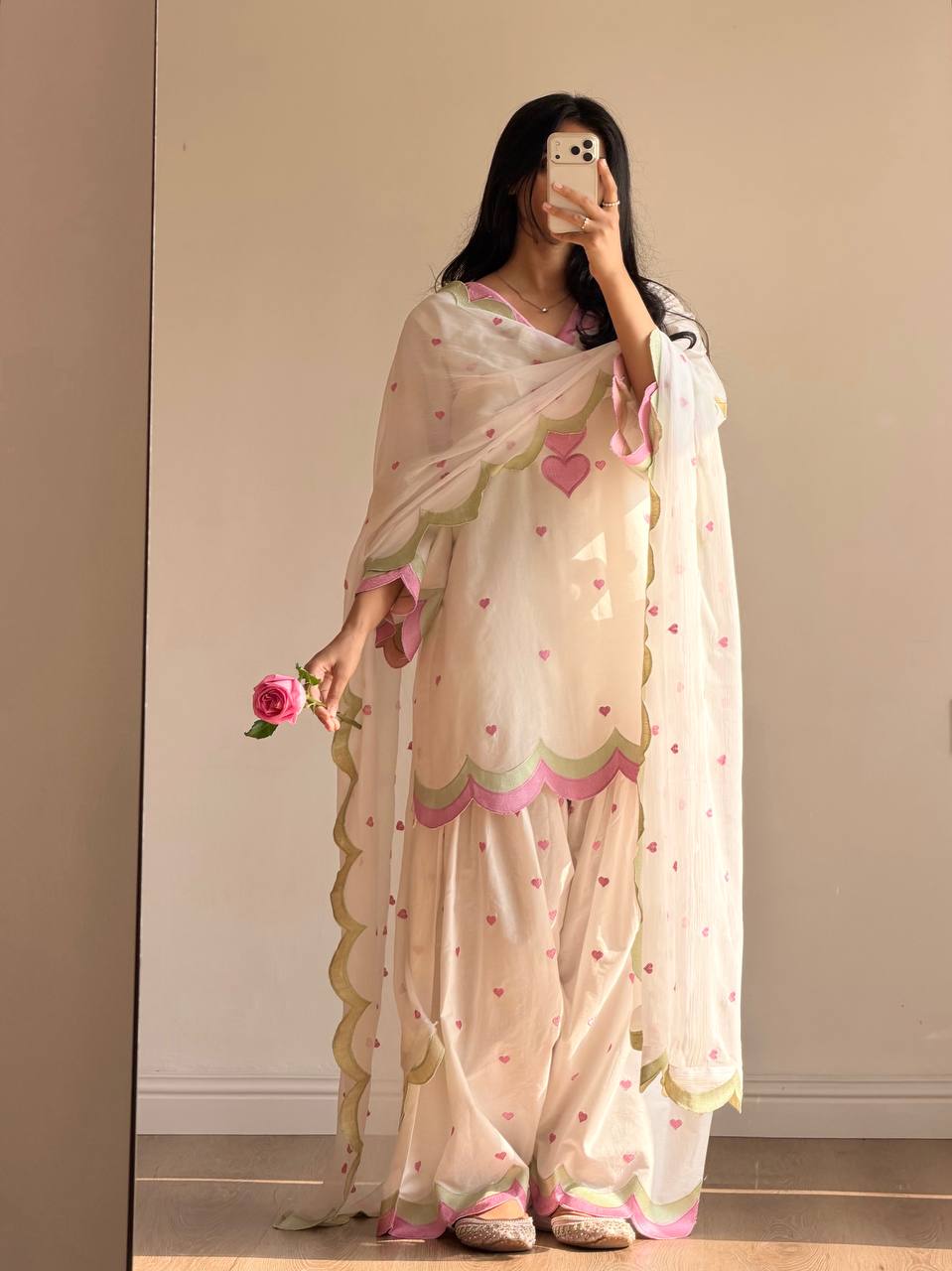 Ivory Pink Heart Embroidery thread Work Farshi Salwar Suit Set