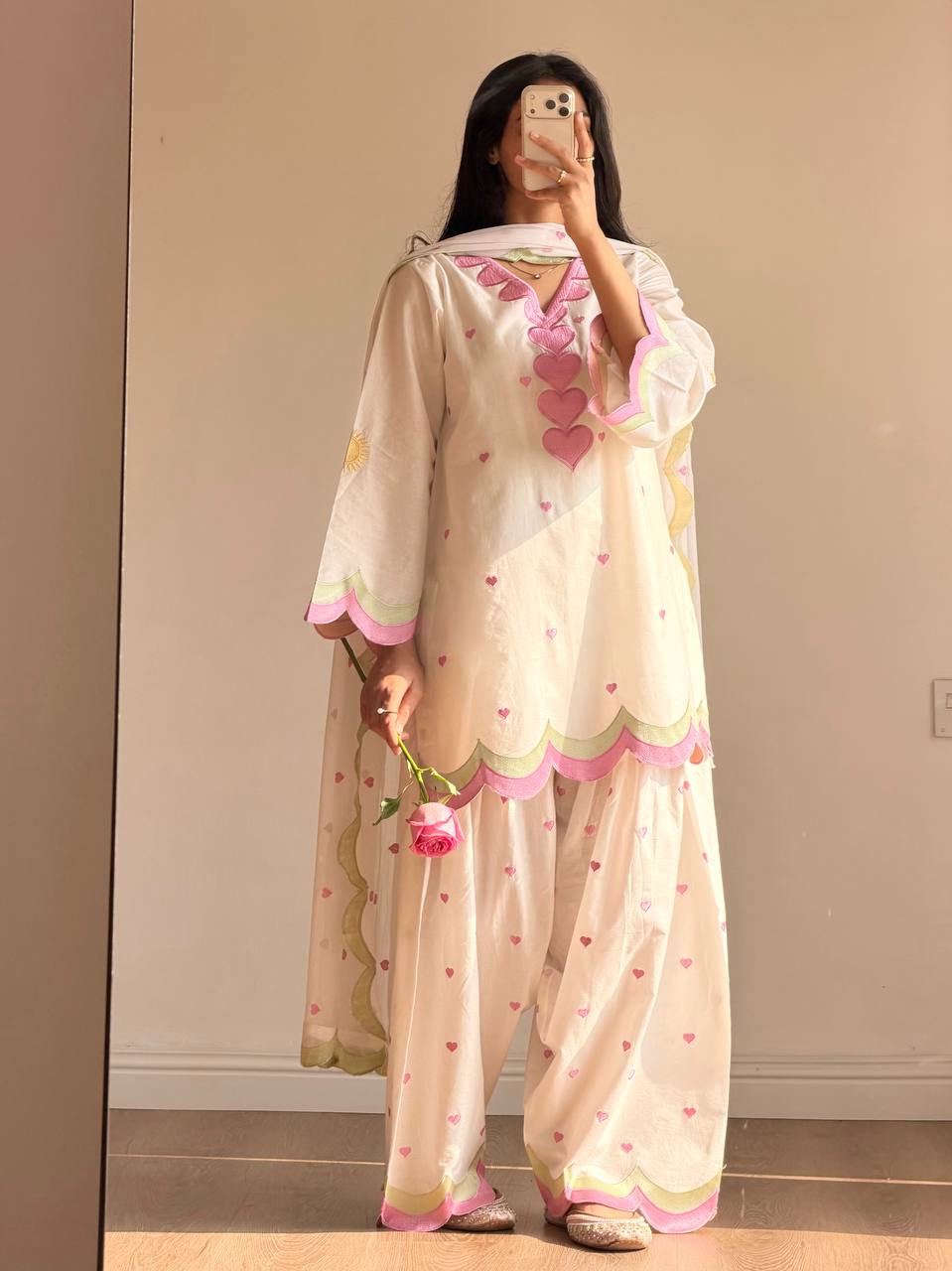 Ivory Pink Heart Embroidery thread Work Farshi Salwar Suit Set