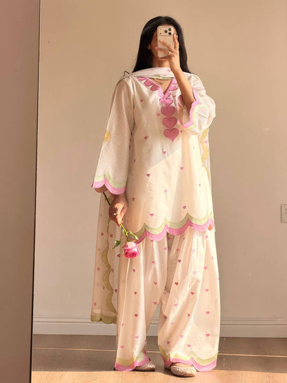 Ivory Pink Heart Embroidery thread Work Farshi Salwar Suit Set