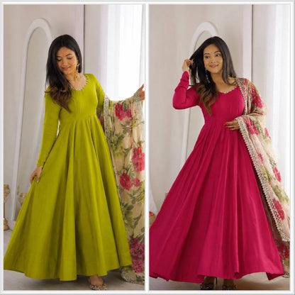 Olive Green & Rani Pink Solid Blend Anarkali Gown with Floral Dupatta