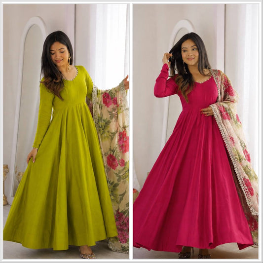 Olive Green & Rani Pink Solid Blend Anarkali Gown with Floral Dupatta