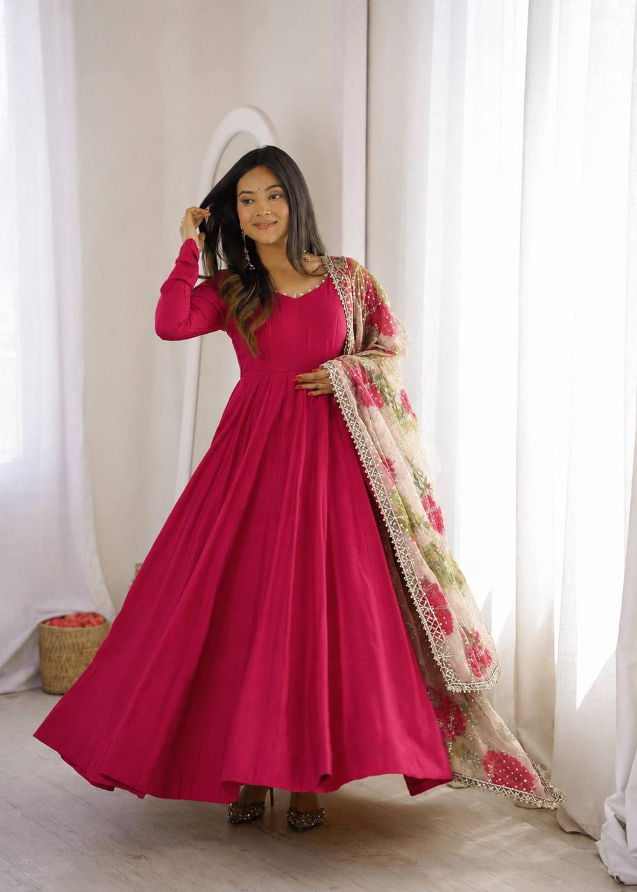 Olive Green & Rani Pink Solid Blend Anarkali Gown with Floral Dupatta