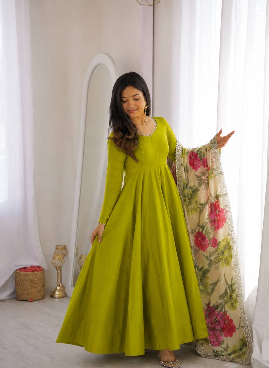 Olive Green & Rani Pink Solid Blend Anarkali Gown with Floral Dupatta
